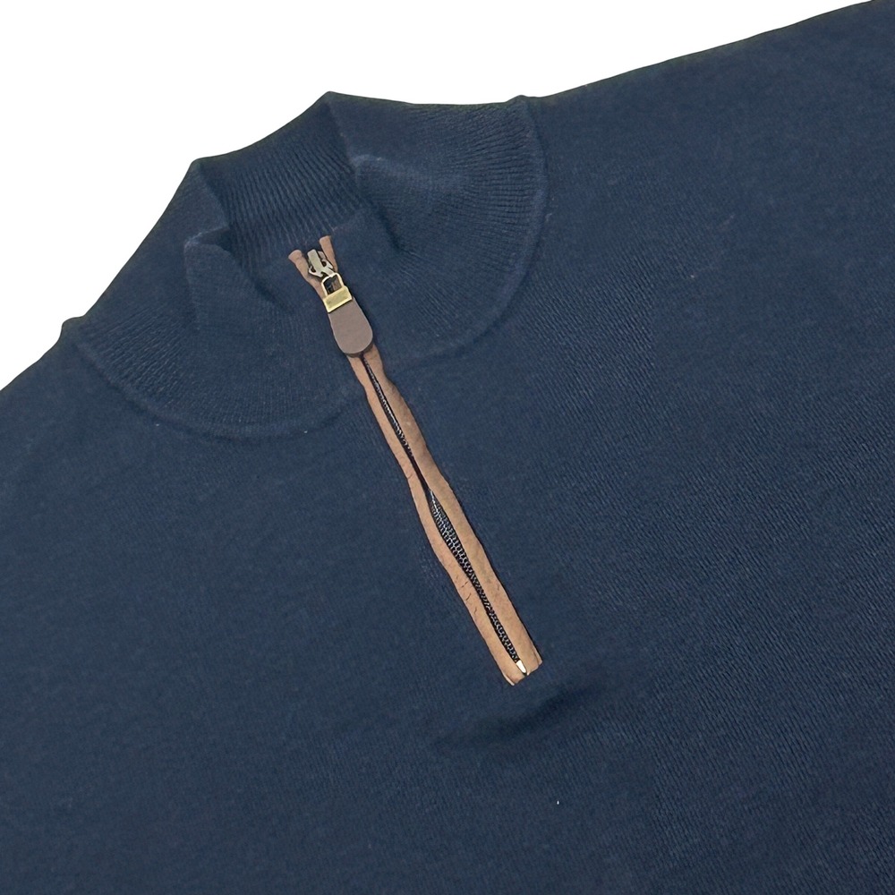 Orvis Quarter Zip Sweater Mens XXL Navy Blue Merino Wool Leather Trim NEW